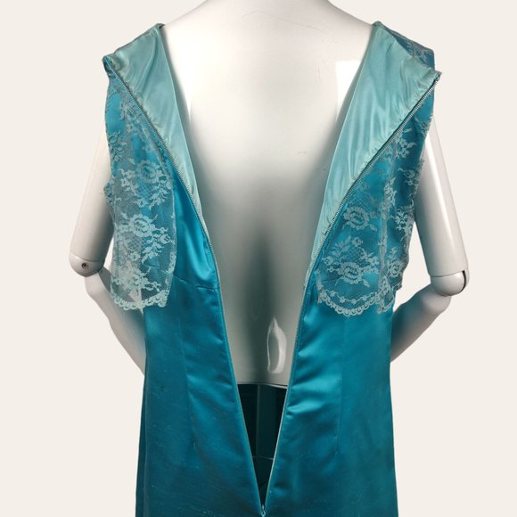 Vintage 1960s MOD Aqua Cocktail Dress Party Gown Lace Bodice Turquoise Satin M - Picture 10 of 13